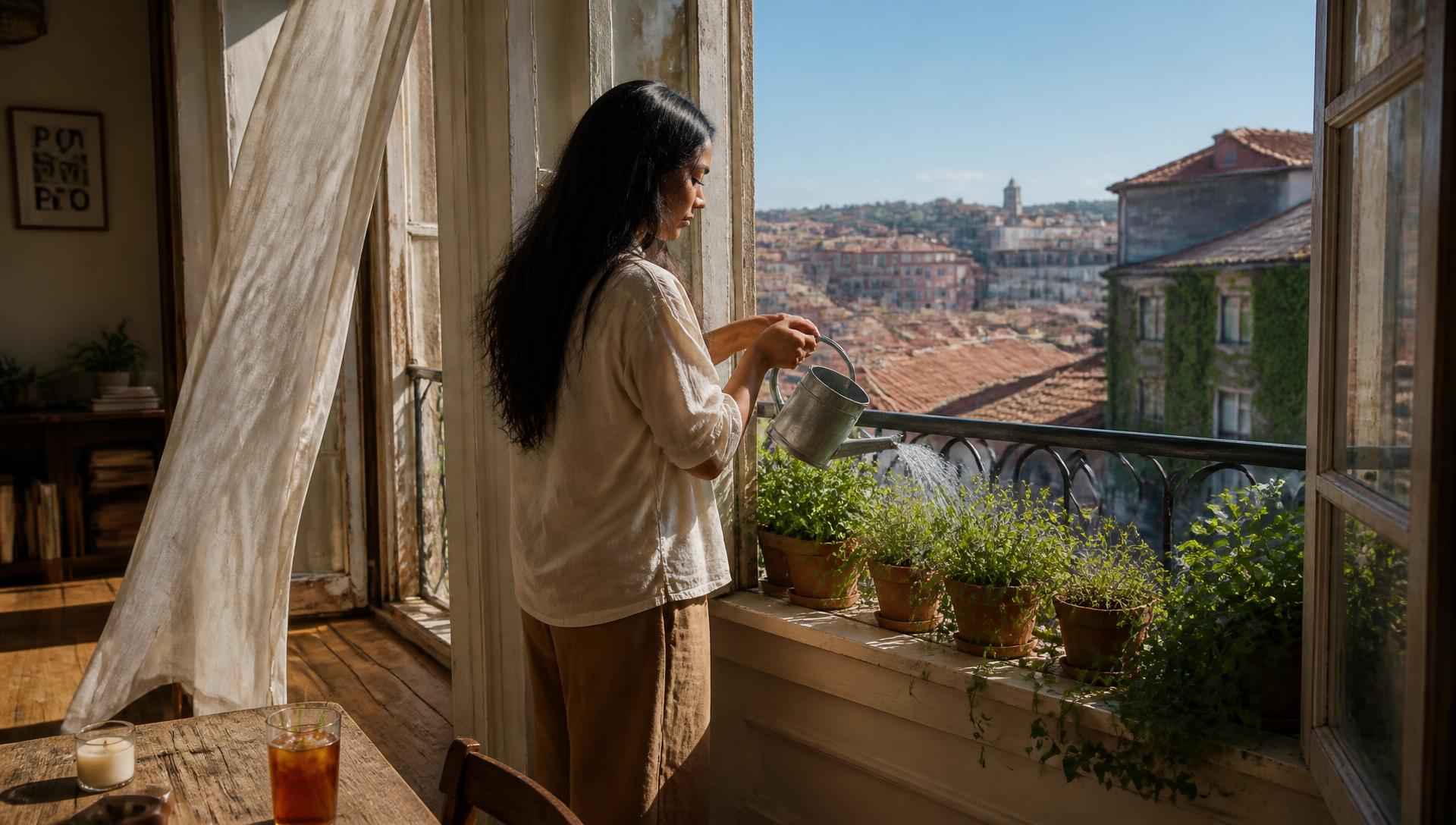 Woman watering plants in a sunny Porto apartment with open windows overlooking the city and the Douro River